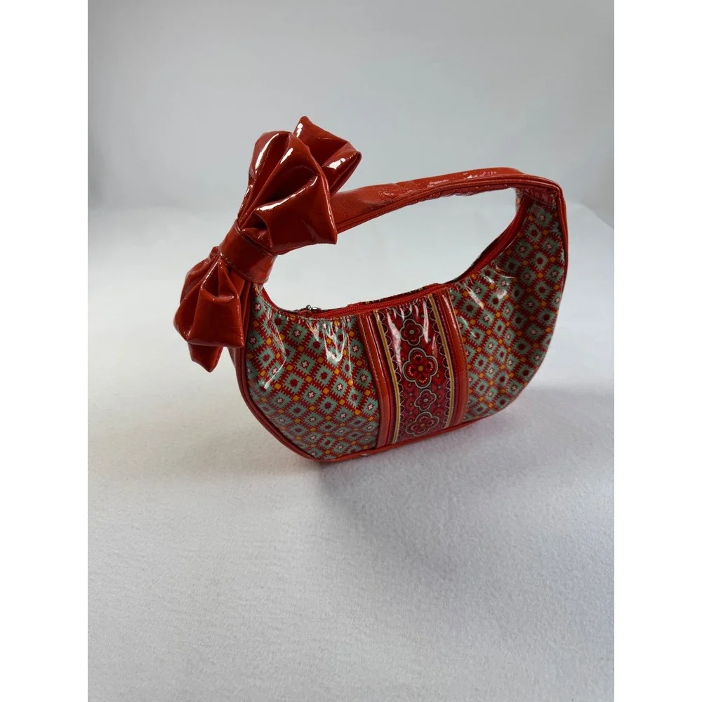 Y2K Retro Vera Bradley Women Small Frill Hobo‎ Bag Red Bow Geometric Laminated